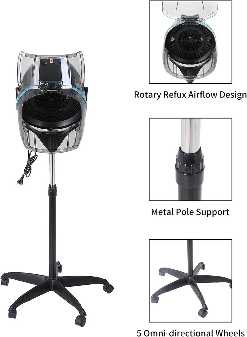 woobles Stand Hair Dryer, Adjustable Temperature Control Dryer Movable Hooded Timing Floor Bonnet Salon Styling Tool, 110v Professional Rolling Base with Wheels Equipment Dryers for Home Spa Drying Beauty - Image 4